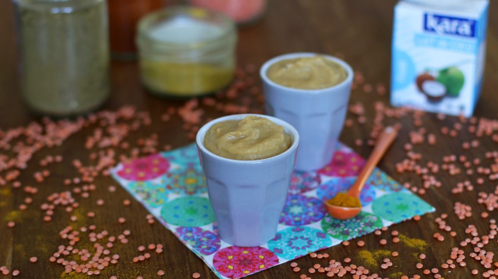 Purée d'aubergine et lentilles corail au curry doux