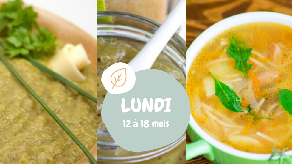 Poulet aux petits pois / compote kiwi, pomme, poire / bouillon de